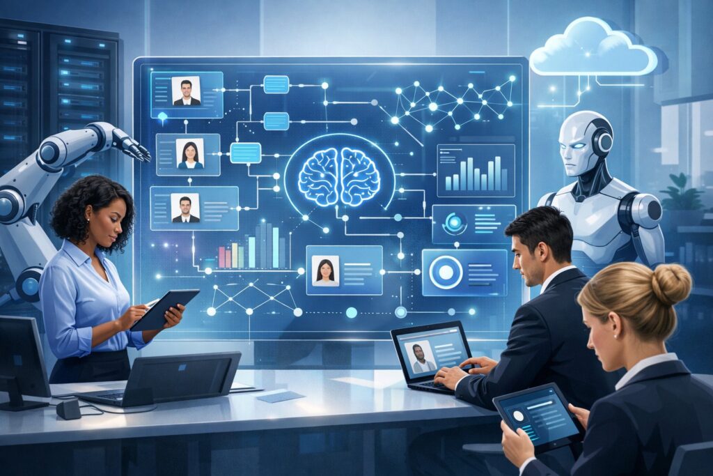 Ein modernes Büro mit Personen, die digitale Geräte nutzen, um automatisierte Recruiting-Prozesse mit Hilfe von Technologie durchzuführen.